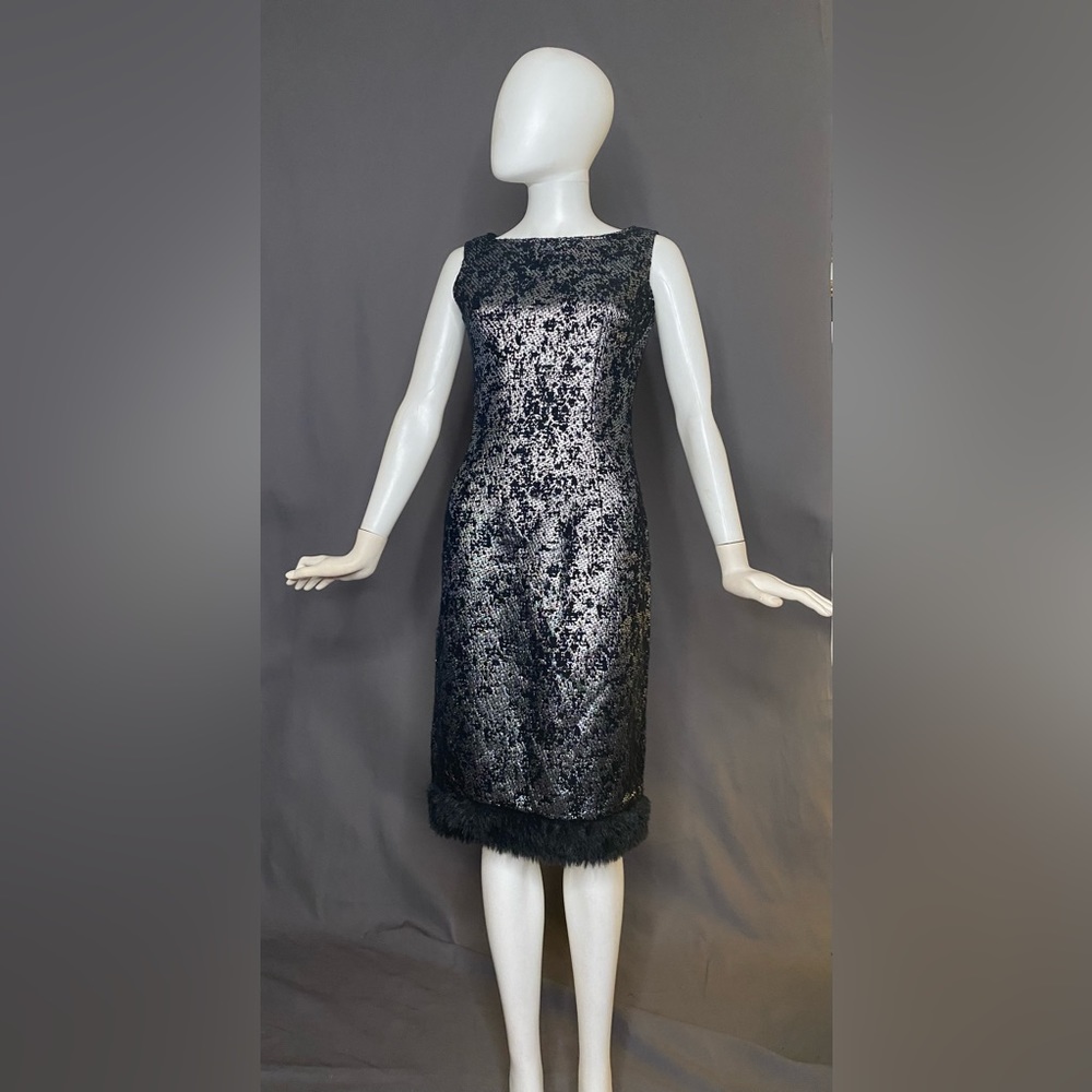 Black and silver sheath dress with black fur trim on hemline (34/28/37)